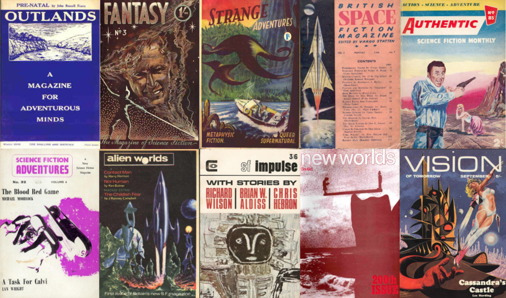 British Magazine Covers of 10 last issues. In top row are Outlands, Fantasy, Strange Adventures, British Space Fiction Magazine, Authentic Science Fiction Monthly, Science Fiction Adventures, Alien Worlds, Impulse New Worlds, Vision of Tomorrow,