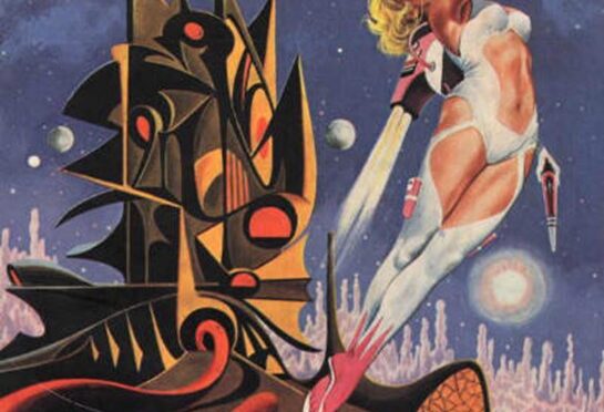 Vision of Tomorrow #12 Cover Illustrating Cassandra's Castle, showing Cassandra flying up into the sky on a jetpack as a large red hand extends from her abstract castle, an alien landscape in the background.