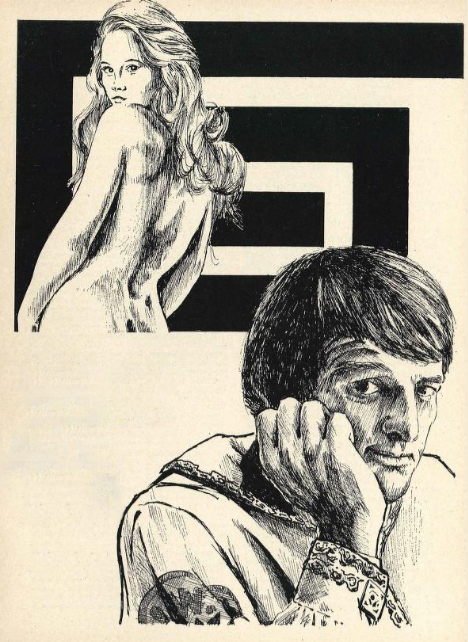 Black and White Ink Illustration of Lalaee by Norman Lazenby showing a man in a robe with head on one hand in the bottom right corner, with a naked woman looking back over her shoulder seen from behind in the top left corner, with a square spiral behind her