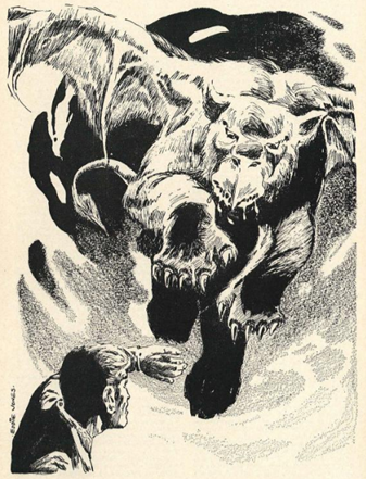 Black and white Ink Illustration of Cassandra's Castle by Lee Harding showing a griffin style creature baring down on Conrad.