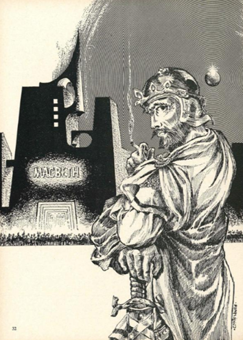 Black and White Ink Illustration of All the World's a Stage by Richard A. Gordon showing John dressed as Macbeth smoking a cigarette. In the distance is a modernist theatre building with Macbeth in bright lights and vast crowds outside.