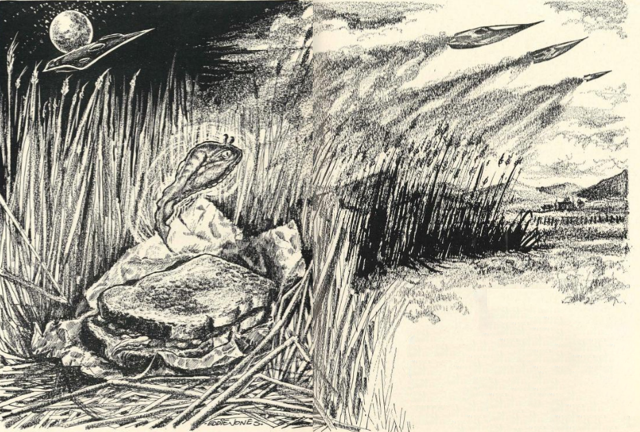 Black and White Ink Illustration of The Slitherers by John Russell Fearn of flying saucers dropping dust over cornfield and a slitherer coming out from under a rock.