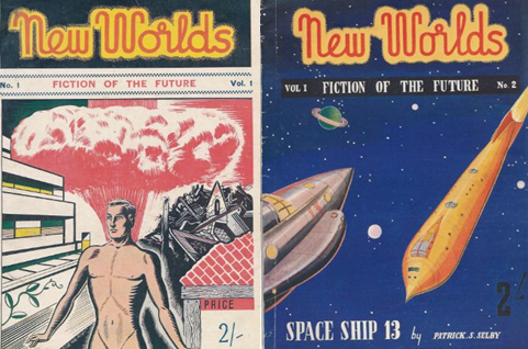 First two covers of New Worlds. Issue 1 on left showing a naked man in front of a mushroom cloud with a clean modern building on the left and rubble of a city on right. On the second issue on the right, it shows a series of different styles of spaceships flying through a starfield,