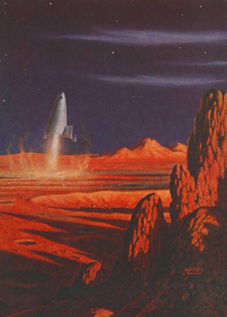 Painting of Mars by David A. Hardy showing a spaceship langdng on a wide plain with rocks in the foreground and mountains in the background.