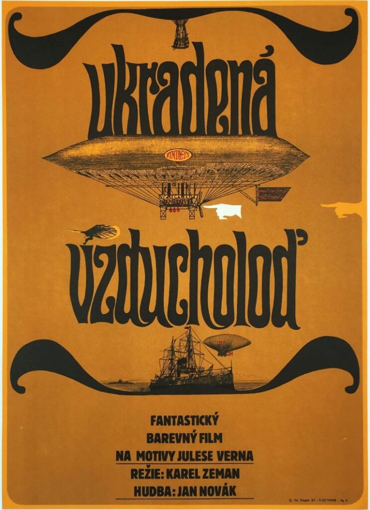 Czech Poster for Ukradená vzducholod' (The Stolen Airship) in an old fashioned style on a sepia background, with various airships and a ship around the titles