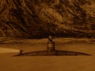 Nemo with his head out of the Nautilus, half submerged in a cave.