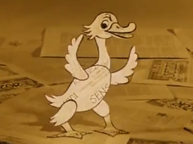 Papep duck with raised eyebrow made out of newspaper, standing on newspapers cut from.