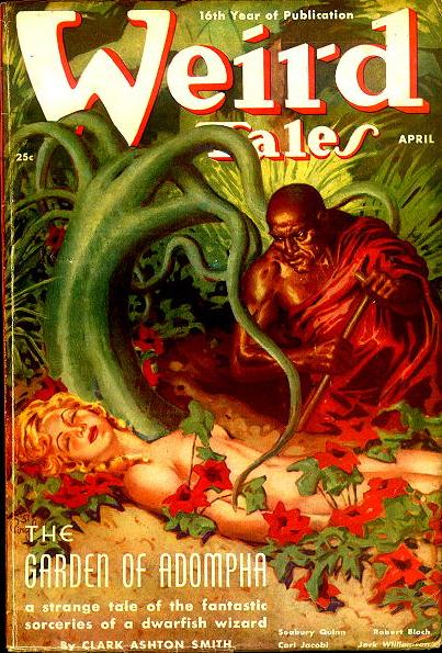 Cover of Weird Tales for April 1938. The cover illustration shows a man in a jungle discovering the body of a sleeping woman surrounded in vines.
