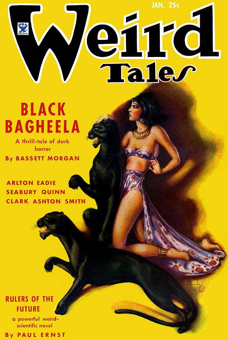 Cover of Weird Tales for January 1935. The cover illustration shows a woman in luxurious clothes riding a panther.
