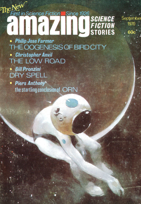 Cover of the September 1970 Amazing emblazoned “The <i/>New Amazing Science Fiction Stories,” in a new and reasonably attractive type face, over an agreeable cover by Jeff Jones portraying a slightly fuzzy figure in a space suit floating in the void, with a planet almost totally eclipsing its sun in the background.  Only problem is that the figure looks a bit like it’s sitting on the inside bend of the thin crescent of light at the edge of the planet, recalling entirely too many cartoonish advertisements of previous decades.  Oh well.  It still looks nice if you don’t think about it too much.