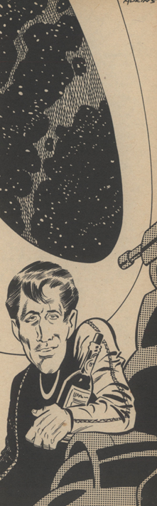 A loose caricature image of a spacer, cradling a bottle of alcohol in the crook of his arm. He is leaning against a machine facing an immense window, through which a starscape is visible.
