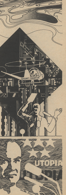 An abstract image of a person standing at a podium. The podium has a poster on it, with the slogan UTOPIA. In the distance is a helicopter, with the legend CONSANTI FOUNDATION on the side.