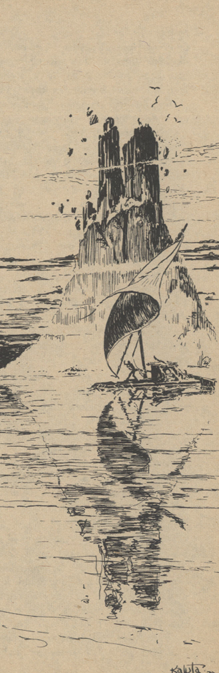 An illustration, black lines on white, of a raft traveling across a glassy body of water. A tall rock rises in the background, winged creatures swirling around the top of it.