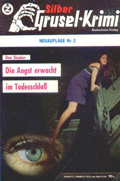 The cover of Die Angst erwacht im Todesschloß. The Silber Grusel-krimi logo is across the top.  The title is written in pink letters against small white rectangles at the top left of the image, which shows a photo of a wh ite woman with brown hair leaning on the railing at the landing of a staircase, clutching it with one outstretched arm.  She is staring out of the frame to the right of the viewer with a frightened and angry expression.  The strap of her dark blue mini dress is  sliding down her shoulder and she appears to be barefoot, although her foot is hidden behind a superimposed large blue eye at the bottom left of the image. The staircase disappears into shadows at both ends.