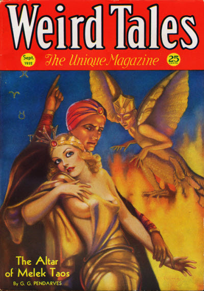 Cover of Weird Tales for September 1932. The cover illustration shows a man wearing a turban, embracing a woman wearing translucent clothes. In the background is a winged statue posing over a huge fire.