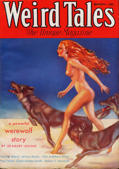 Cover of Weird Tales for March 1933. The cover illustration shows a naked woman walking with wolves.