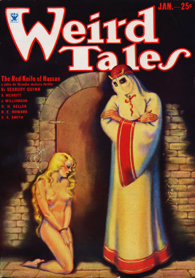 Cover of Weird Tales for January 1934. The cover illustration shows a cloaked figure standing over a naked chained woman in a dusty dungeon.