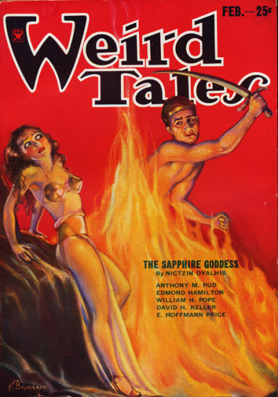 Cover of Weird Tales for Feburary 1934. The cover illustration shows a man lifting a sword, threatening to strike across a bonfire at a woman who looks terrified of him.