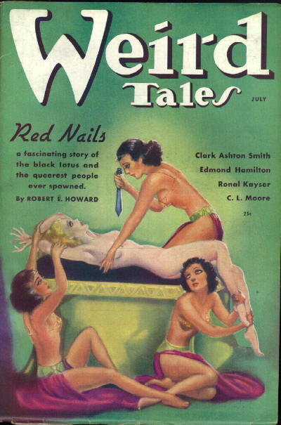 Cover of Weird Tales for July 1936. The cover illustration shows three women holding a fourth immobilized atop an altar. One of the three holds a dagger pointed at the fourth woman's heart.