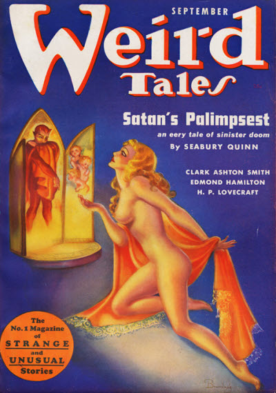 Cover of Weird Tales for September 1937. The cover illustration shows a naked woman talking to a man in a mirror.